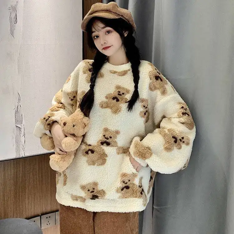

Little Bear Kawaii Clothes O-Neck Hoodies Women Sweetshirts 2021 Autumn Winter Women's Sweatshirt Fleece Pullover Top Harajuku