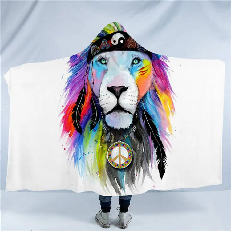 Hippy Lion Одеяло с капюшоном Lion by Pixie Cold Art для взрослых, шерстяное Флисовое одеяло с цветочным принтом 150x200 см - Цвет: Hippy Lion