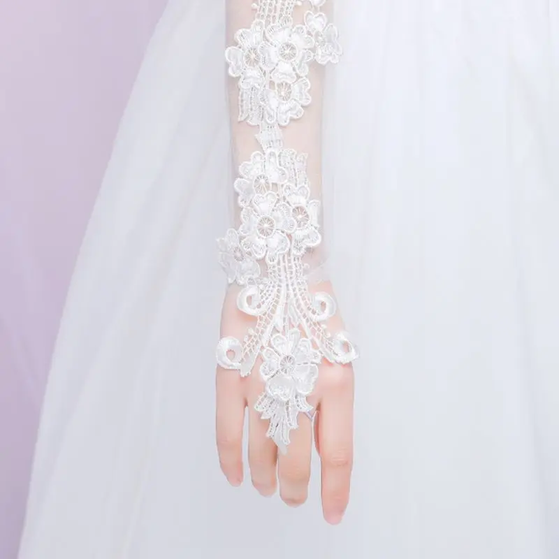 

Sweet Embroidery Floral Lace Long Gloves Sheer Mesh Wedding Bridal Prom Mittens