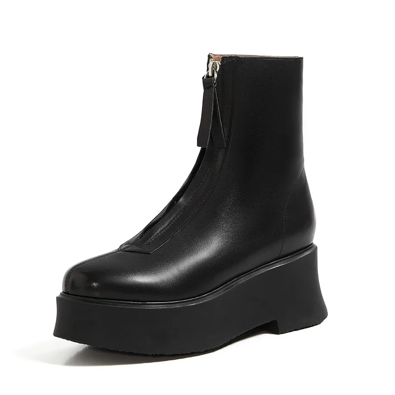 

New Cowhide Waterproof Platform Goth Boots Front Zip Flat Platform Ankle Boots Round Toe Women Shoes Handsome Rider Boots