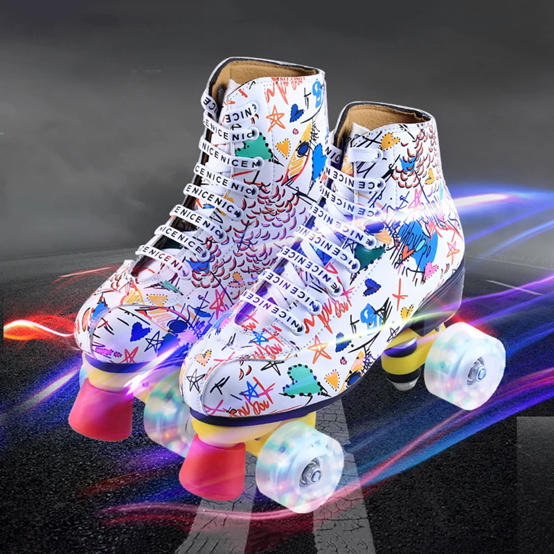 2021 Printed Black Lace-Up Artificial Leather Adult Double Row Roller Skates With Flash PU Wheel Brake Woman Man Roller Shoes