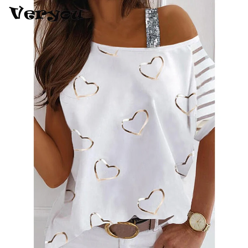 

Sexy Shirt Women Off Shoulder Love Heart Print Tee Short Sleeve T Shirts Elegant Ladies Tops Casual Loose Shirt Streetwear 2021