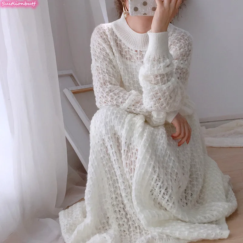 

White Knitted Two Piece Outfits Set Women Pullover Short Sweater Elastic Waist A-line Skirt Korean Sweatsuits Elegant Skirt Sets