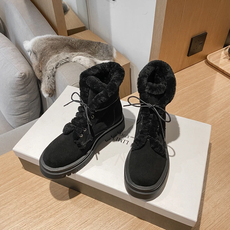 

Hjwsfdcai Outdoor Thicken Women Sheep Wool Boots Ladies Warm Cowhide Leather Short Shoes Lace-Up Wear-Resistant Zapatos De Mujer