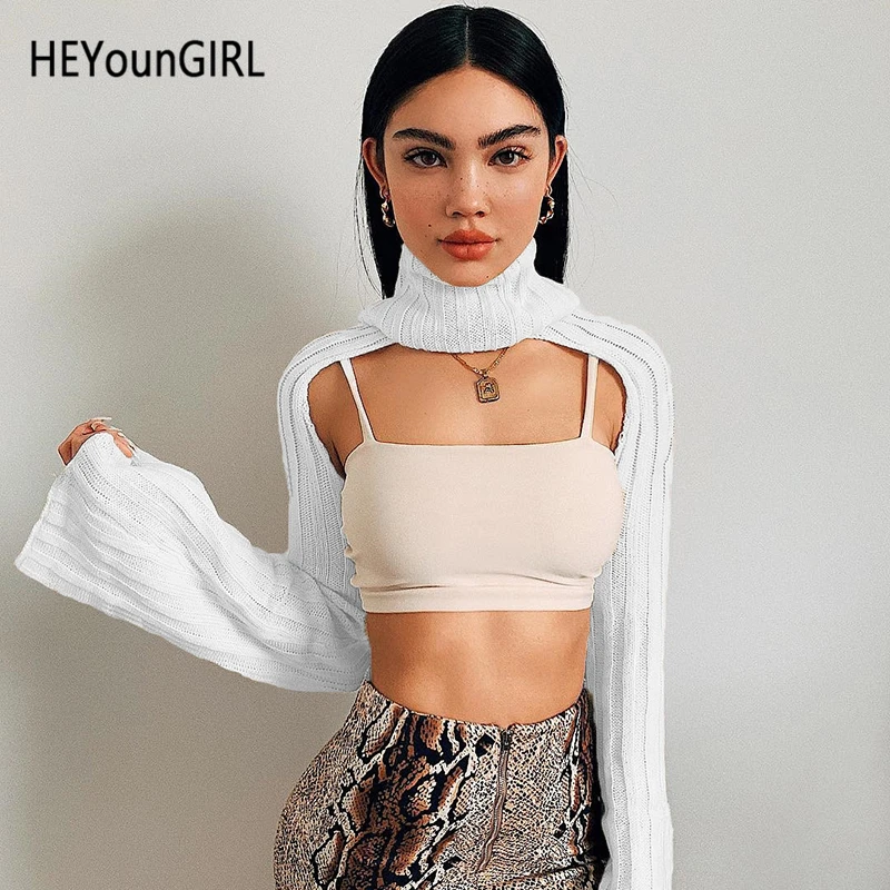 HEYounGIRL белый вязаный свитер Женский Повседневный водолазка укороченный свитер пуловер с длинными рукавами корейский стиль высокий уличный