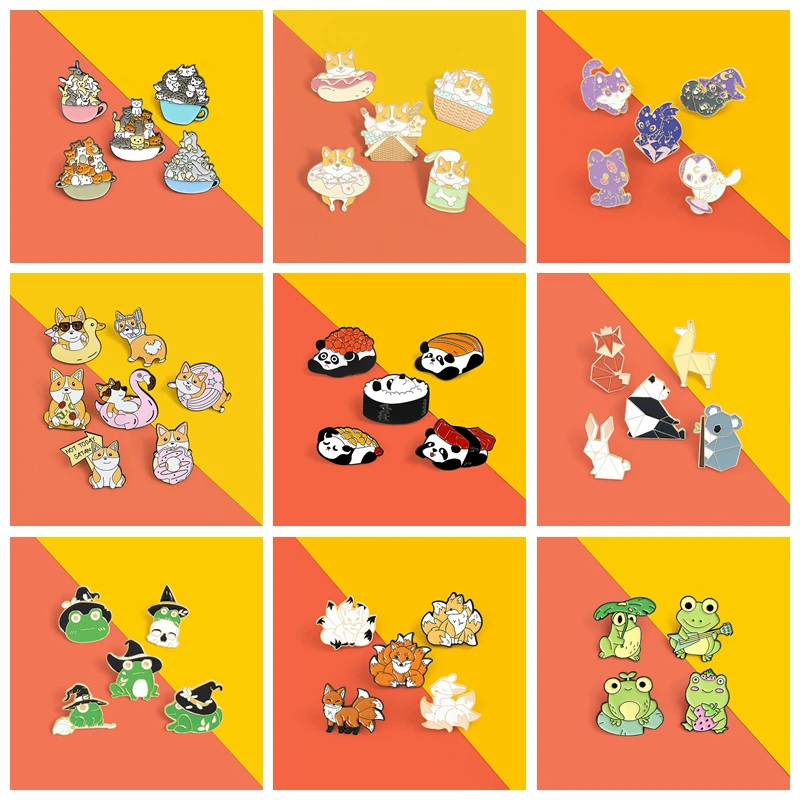 4-7Pcs/Set Cartoon Animals Collection Cat Wizard Frog Enamel Pin Animal Hat Badge Clothes Bag Jewelry Anime Gifts For Kids Women - купить по