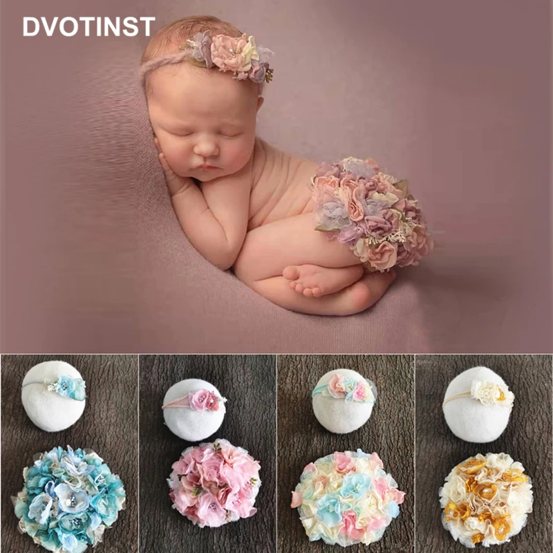 Dvotinst Newborn Baby Photography Props Floral Headband Flower Pad 2pcs Fotografia Accessories Studio Shooting Photo Props