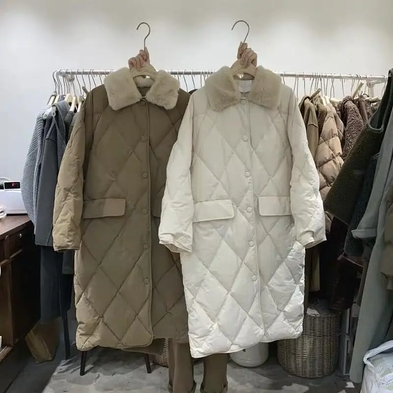 

Winter Women Fur Collar Oversize Rhombus Pattern Long Parkas Pocket Female Warm Long Cotton Overcoat Single Breasted Outwears