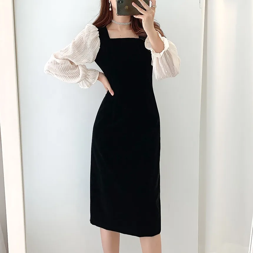 

Korean Ins Niche Temperament Cute Youth-Looking Back Slit Design Waist Slimming Square Collar Fake Two-Piece Dress for Women