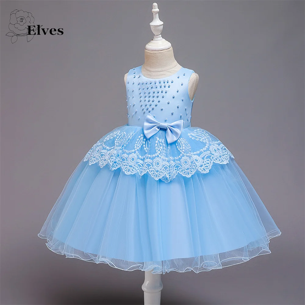 

Ball Gown For Girl Pearls Costume Pincess Flower Girl Dresses Lace Bow Tulle Children Skirts платья для девочек
