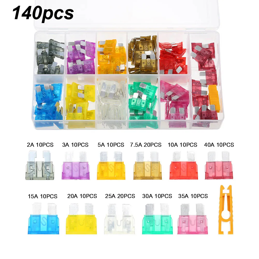 140PCS 100/60/140 ПК 2/3/5/7,5/10/15/20/25/30/35A автомобиль грузовик лезвие предохранителей AMP Пластик коробкой ассортимент с зажимом Авто лезвие Тип предохранитель комплект - Цвет: 140PCS