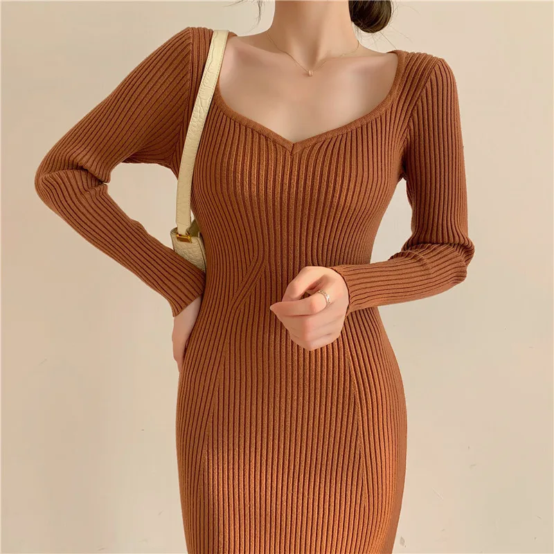 

Women Long Sleeve Autumn Knee-Length Dress Sexy Basic Ribbed Knitting Sweater Dress Square Collar Winter Bodycon Dresses