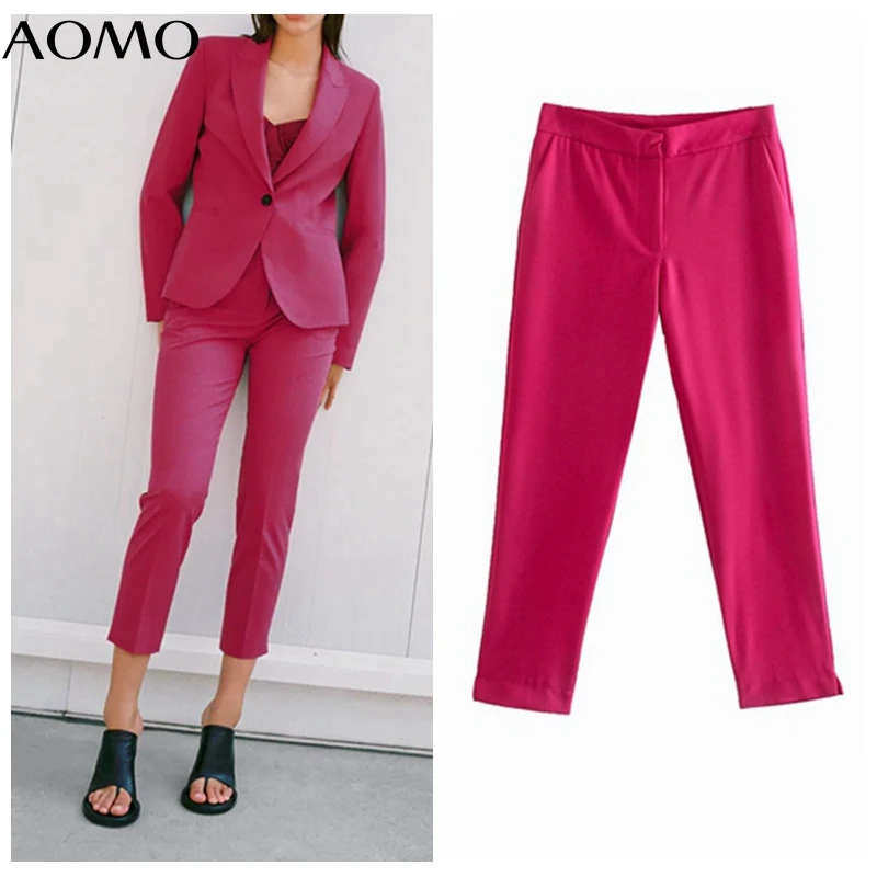 

AOMO 2021 Fashion Women Hotpink Suit Pants Trousers Pockets Office Lady Elegant Pants Pantalon QD106A