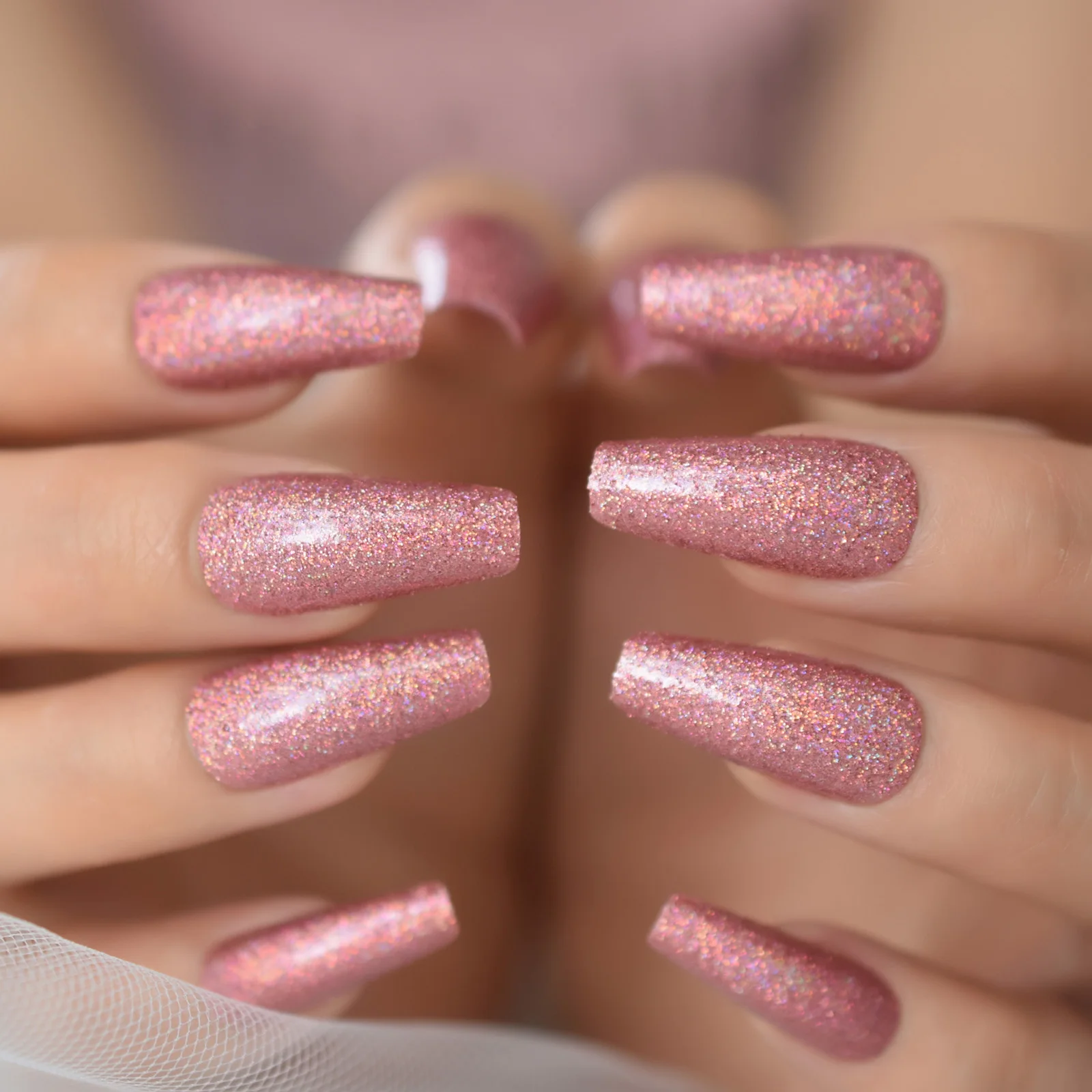 Holo Rose Pink Rose Glitter Ballerina Coffin False Nail Fairy Laser Sequin Press on Ballet Fake Nails Tip Reusable Wear for Girl