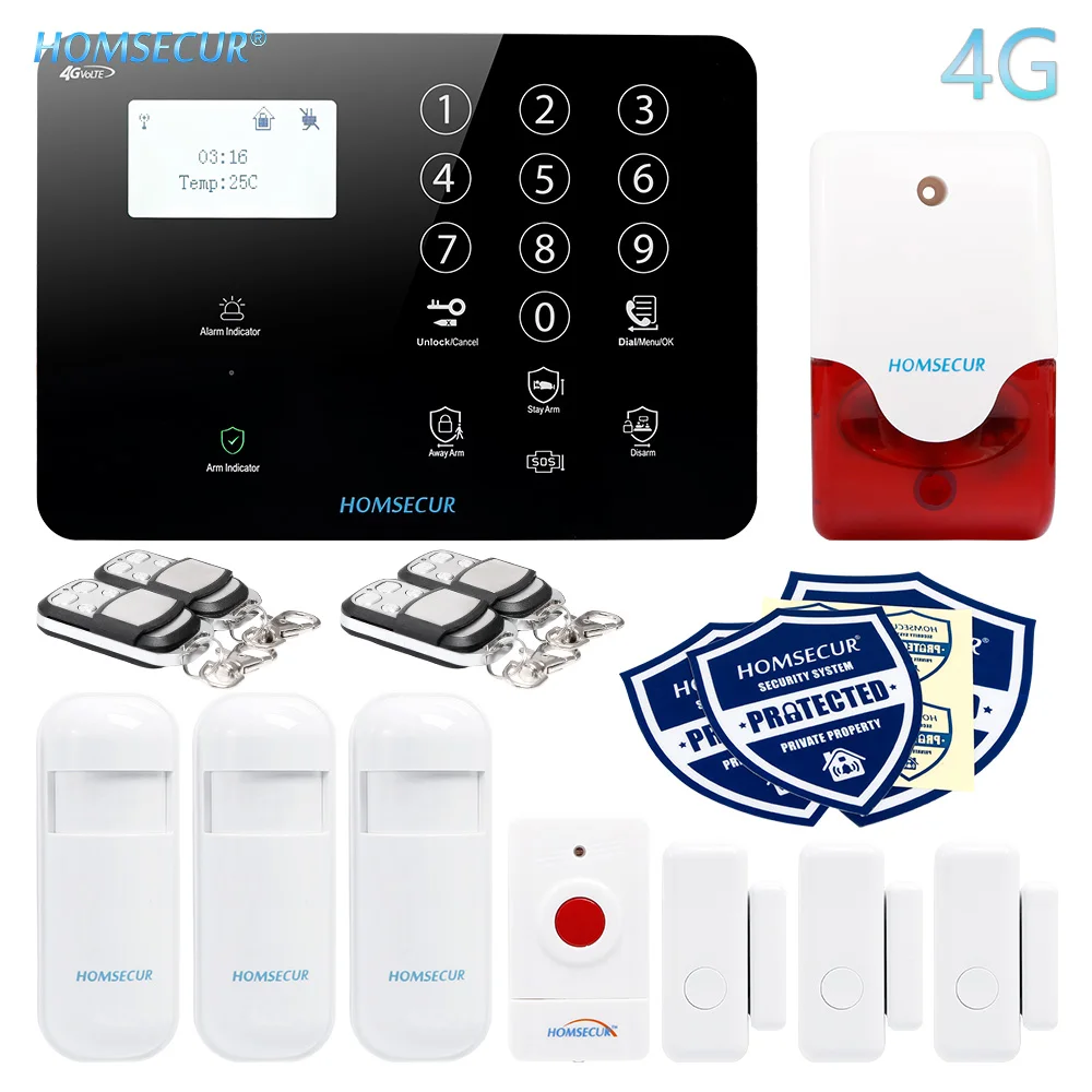 HOMSECUR Беспроводной и проводной 4G/3G/GSM LCD Домашняя сигнализация Система с тревожной кнопкой
