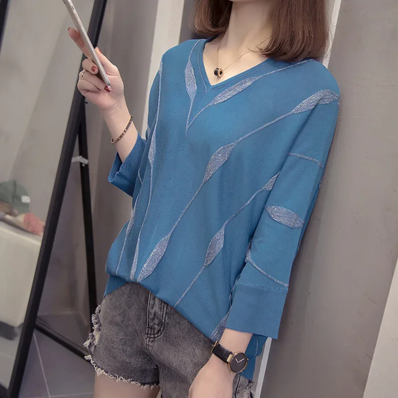 V-neck Knitted Sweaters Women 2021 Spring Summer Oversize Jumpers Loose Silver Striped Batwing Sleeve Korean Chic Tops | Женская одежда