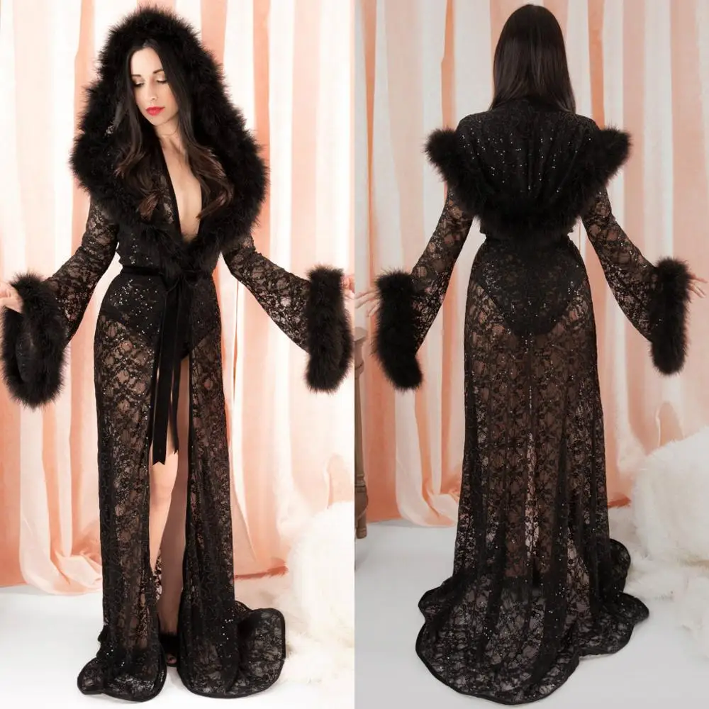 

2021 Modern Hooded Nightgowns with Feathers Lace Sequined Long Sleeve Party Sleepwear Celebrity Night Robes Custom Made