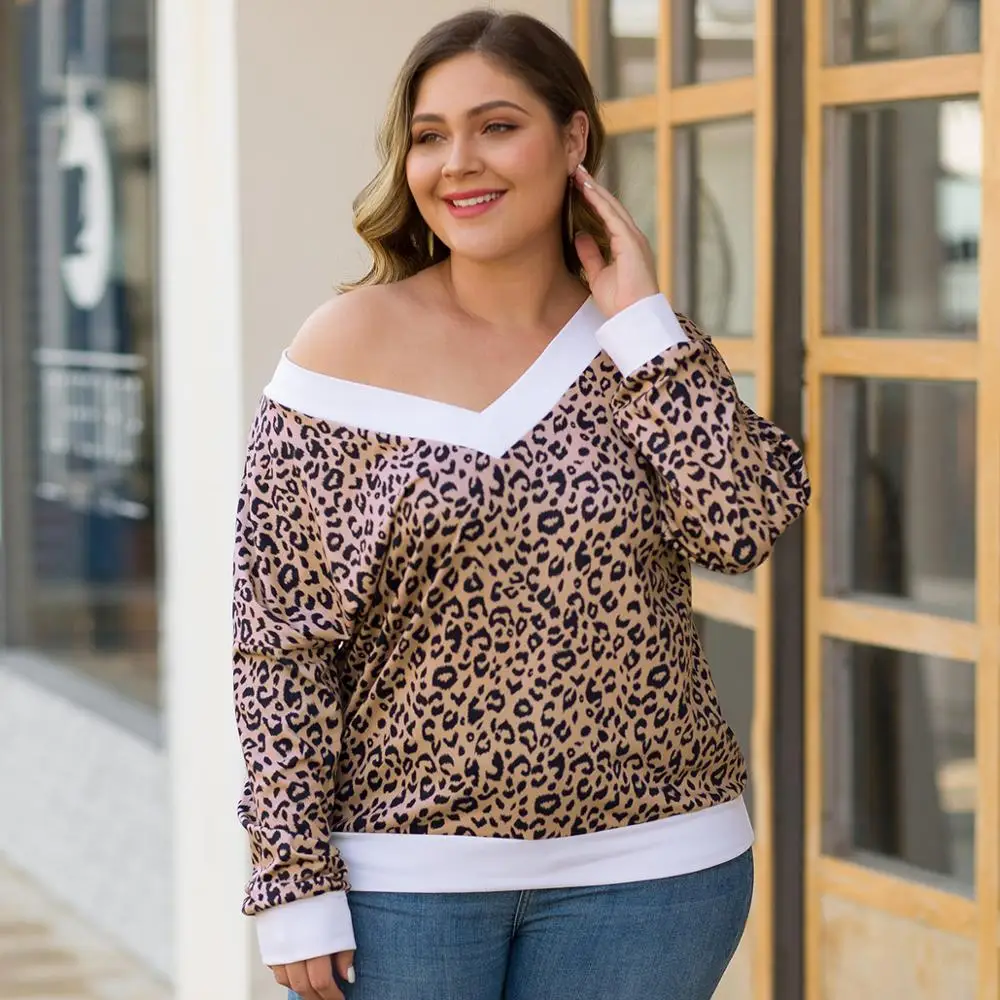 Autumn Plus Size 3XL 4XL Long Sleeve tshirt Women Deep V-Neck Leopard Printed Sexy Loose Big Tops Ladies Clothes | Женская одежда