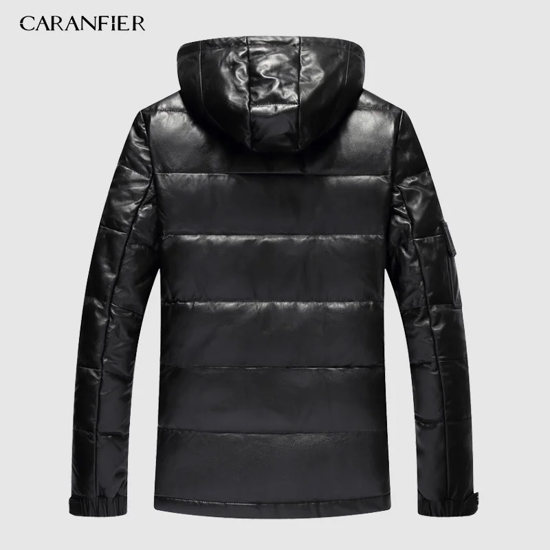 CARANFIER Mens Winter Warm Black Genuine Leather Real Lambskin Duck Down Hooded Jackets Coats Jaqueta De Couro Deri Ceket