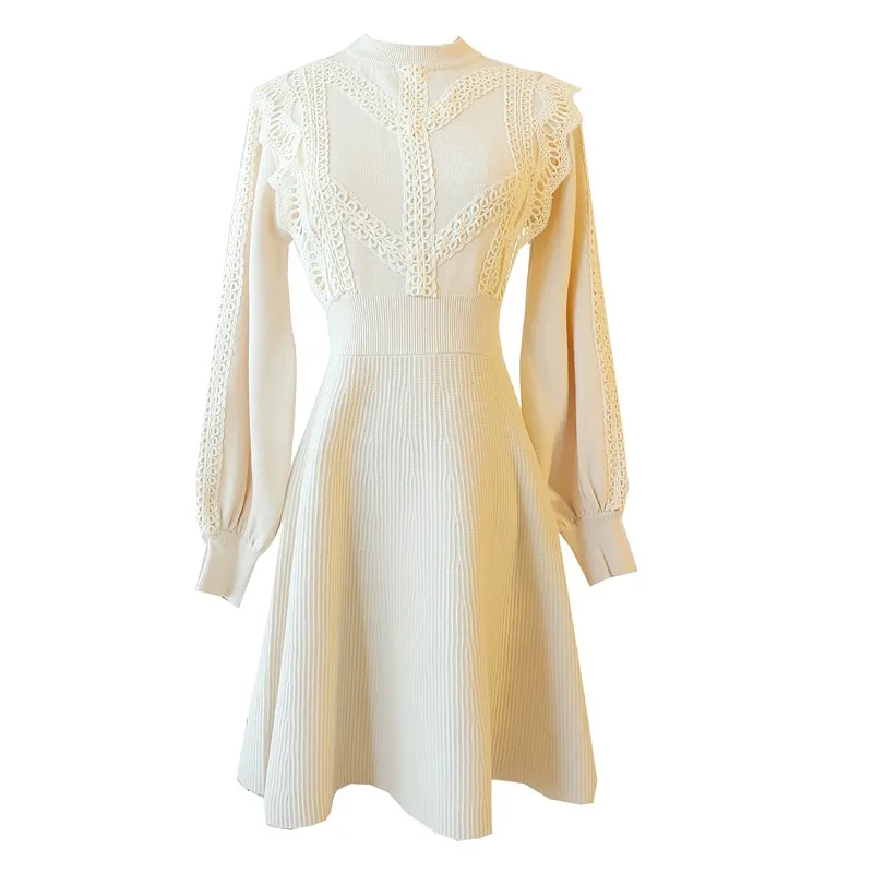 Женское трикотажное платье-свитер длинное приталенное платье с кружевными