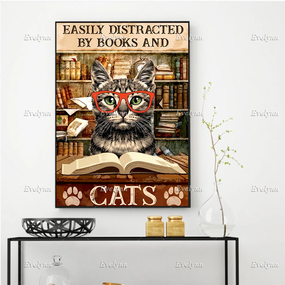 

Easily Distracted By Books and Cats Poster, Book Lover,Cat Lovers, Wall Art Prints Home Decor Canvas Unique Gift Floating Frame