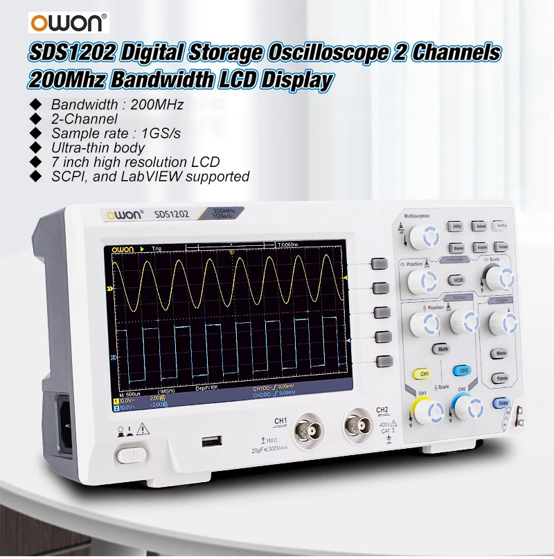 OWON SDS1102 SDS1202 осциллограф 2 канальный цифровой осциллографы 100 МГц полоса