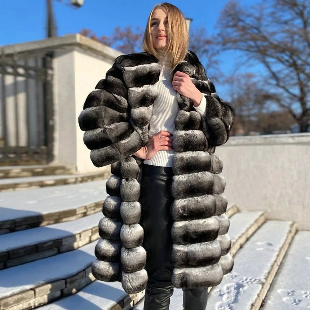 100cm Long Real Rex Rabbit Fur Coat Real Women Winter Fashion Whole Skin Genuine Rex Rabbit Fur Coats with Hood Luxury Overcoats
