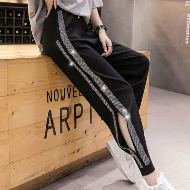 

2020 Summer Woman Pants New Korean Style High Waist Casual Joggers Women Fashion Rhinestone Elastic Waist Nine-point Harem Pants
