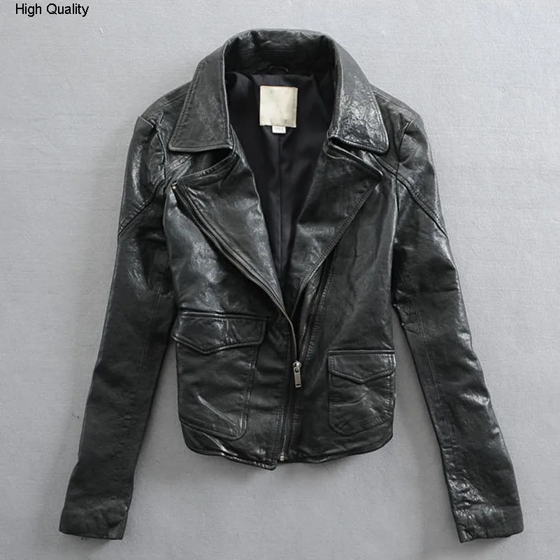Куртка женская из натуральной кожи приталенный мотоциклетный пиджак с лацканами