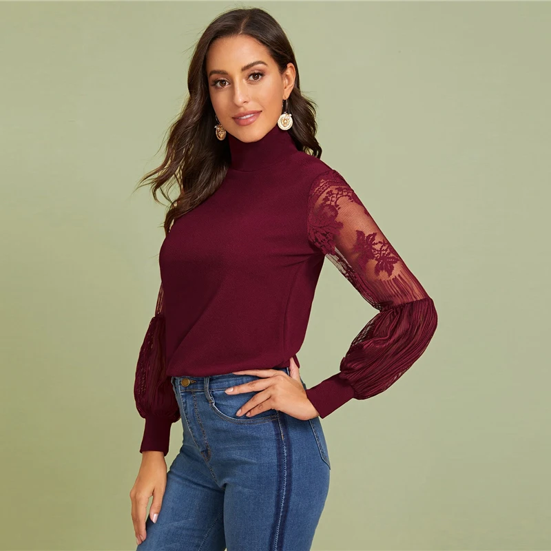 SHEIN Однотонный Топ С Прозрачными Рукавами Сексуальная Блузка С Ажурными Рукавами