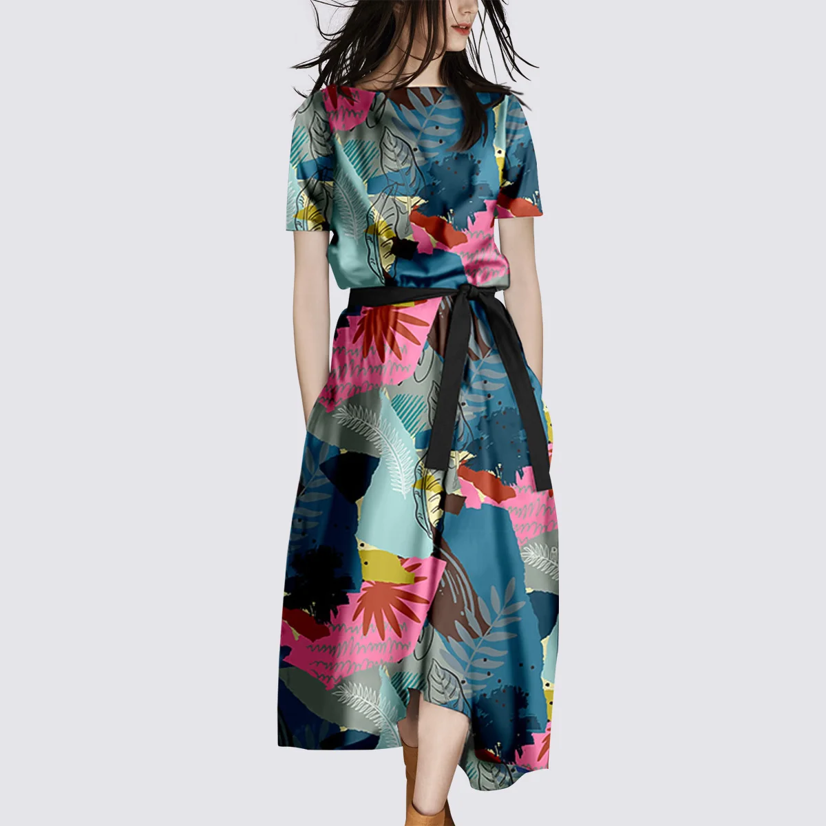 

Summer 2021 new European and American fashion short-sleeved printed dress goddess fan temperament was thin a-line skirt