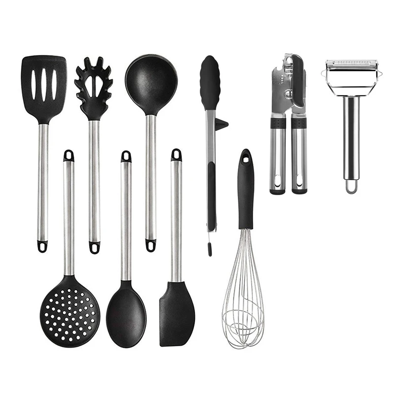 10-pcs Kitchen set 8/11 шт. Кухня набор посуды и столовых приборов черный силиконовый Пособия по кулинарии инструменты Нержавеющая сталь ручка щипцов нож для овощей Овощечистка Кухня набор инструментов - Цвет: 10-pcs Kitchen set