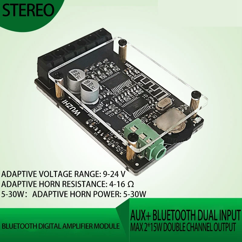 

2X15W Dual-Channel Stereo Mini Bluetooth Digital Power Amplifier Board Module AUX Power Amplifier Board ZK-152H