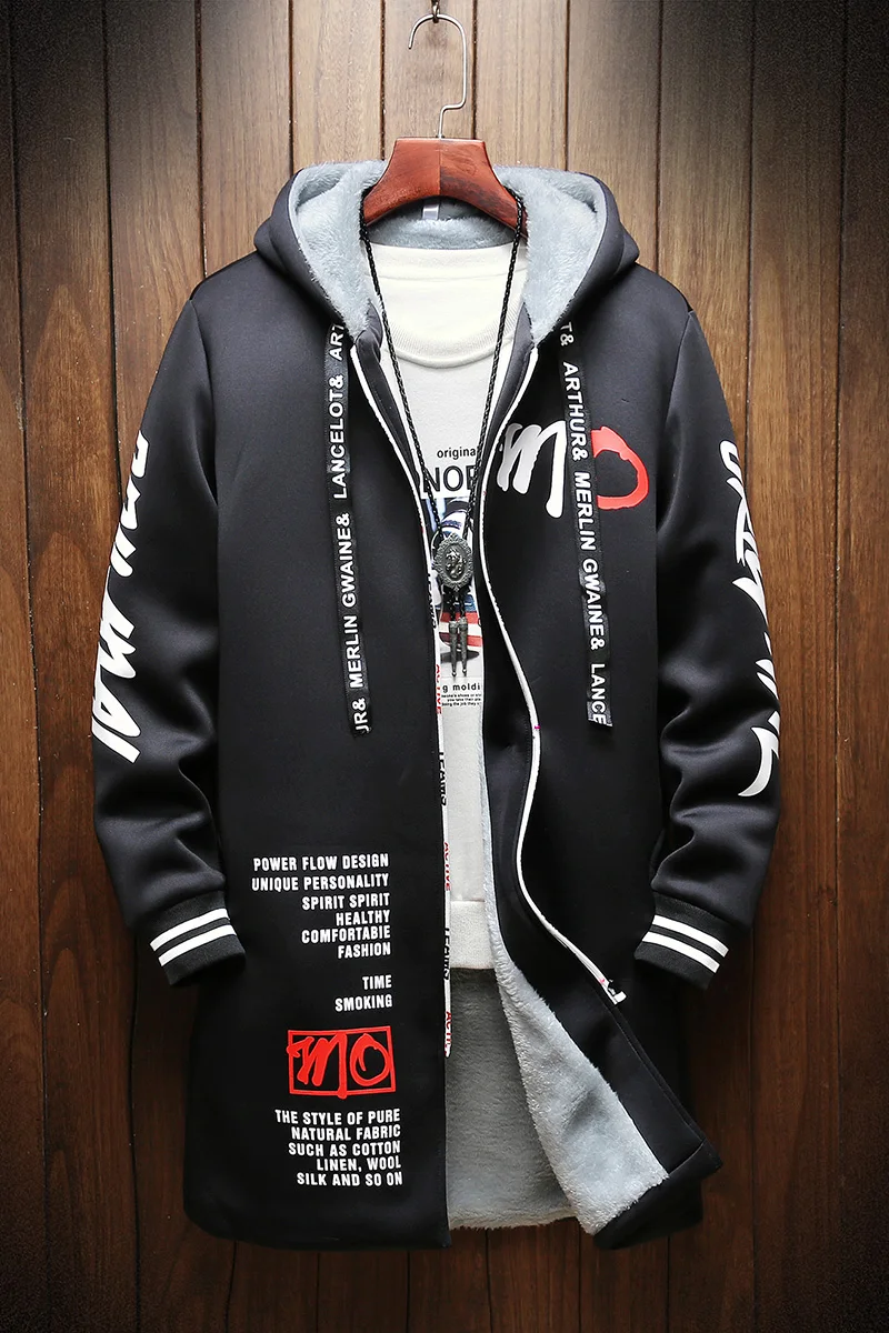 

Winter Slim Long Trench Coat Men Letter Print Style Hooded Overcoat Black Hip Hop Streetwear Autumn Korean Mens Jacket