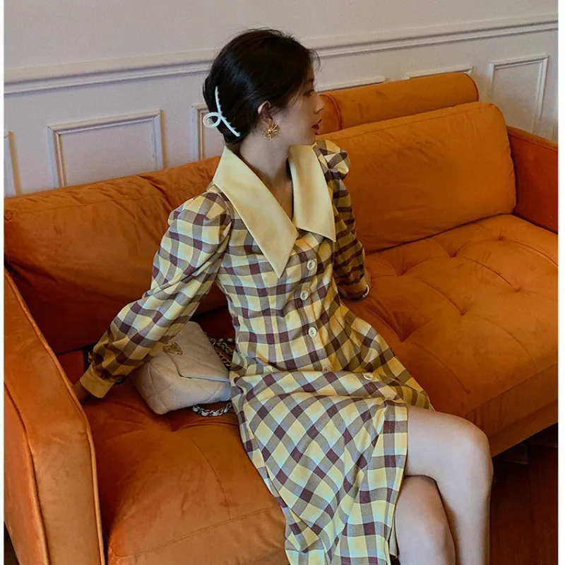 

Plaid Vintage Dress Women Elegant Sweet Split Midi Dress Femal Casual High Street Korean Dress 2021 Autumn Women's Clothing
