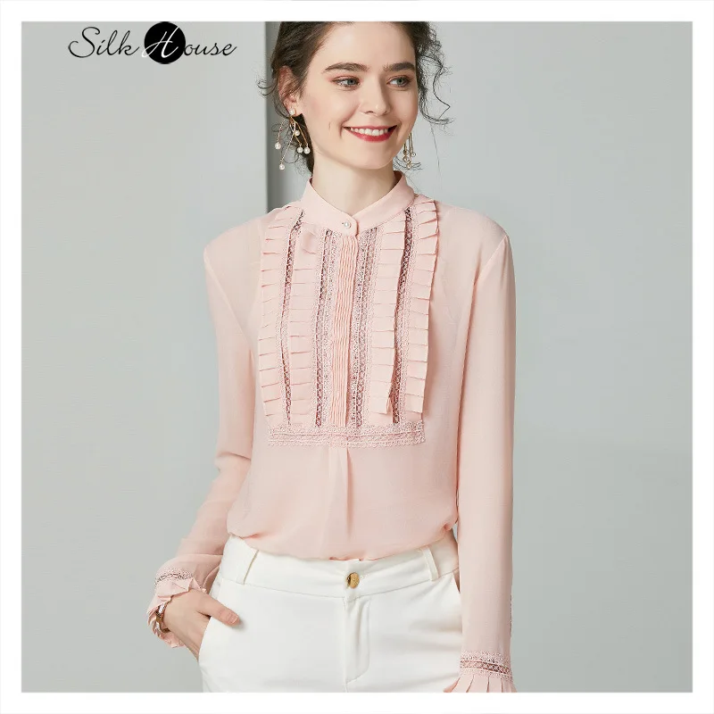 

Silk Shirt Hollow Lace Long Sleeve Stand Collar All-match Top 2020 Fashion New Style