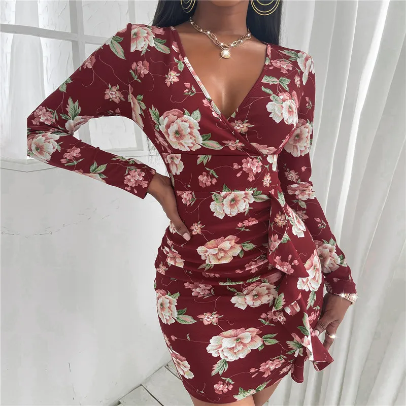 

Musuos Floral Printing Bodycon Dress Women Casual Fashion Ruffles Decor V-neck Long Sleeve Slim Mini Vestidos Autumn Spring S-XL