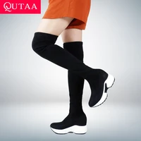 qutaa 2022 stretch fabrics over the knee boots height increasing round toe women shoes autumn winter casual long boots size34 43