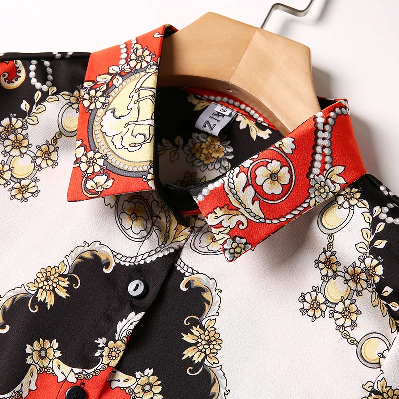 

New Elegant Vintage Fashion Women Spring Autumn Print Slim Shirt Office Lady Turn Down Collar Long Sleeve Blouses Tops