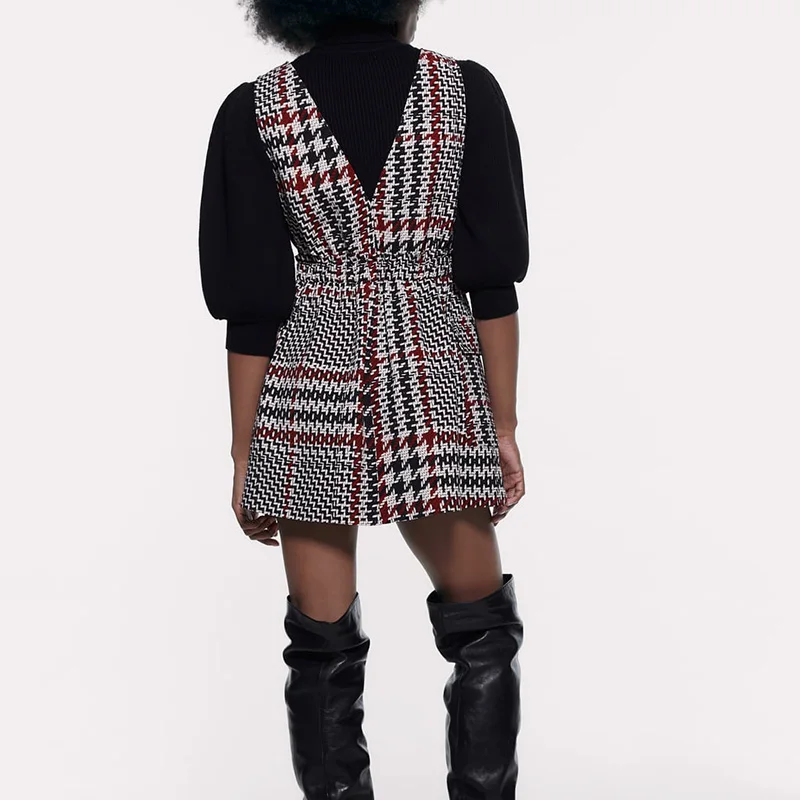 Женское винтажное мини-платье в клетку без рукавов с v-образным вырезом и