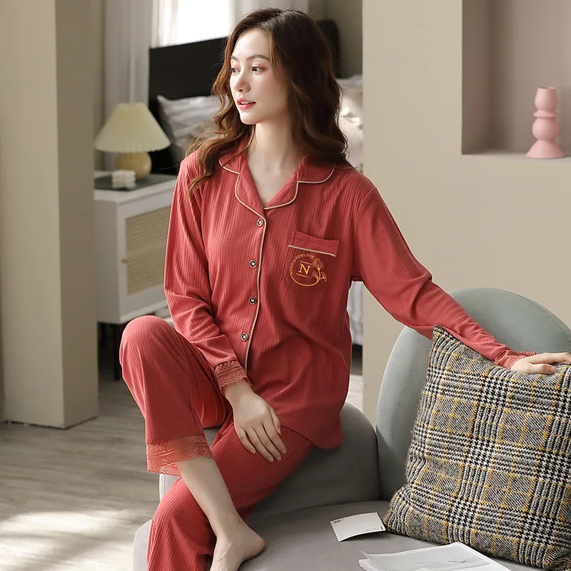 2021 New Long Sleeved Cotton Pajamas Women's Autumn Winter Strip Cardigan Home Clothes Suit Leisure Lady Sleepwear Nightwear