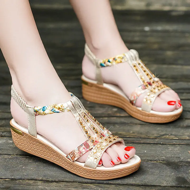 

2021 New Platform Wedges Sandals Women Summer Women's Shoes Vacation Rhinestone Platform Bohemian Beach Slippers
