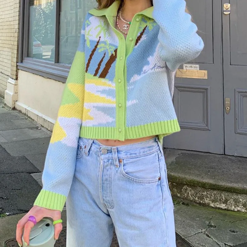 

Women Autumn Vintage Style landscape pattern Embroidery Short coat Knitted Sweater Chic Fashion Single Button straight Cardigans