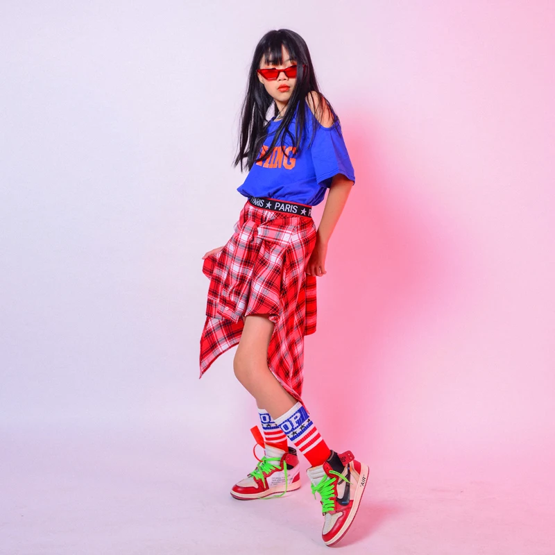 Костюмы для джазовых танцев девочек топ с открытыми плечами клетчатая юбка