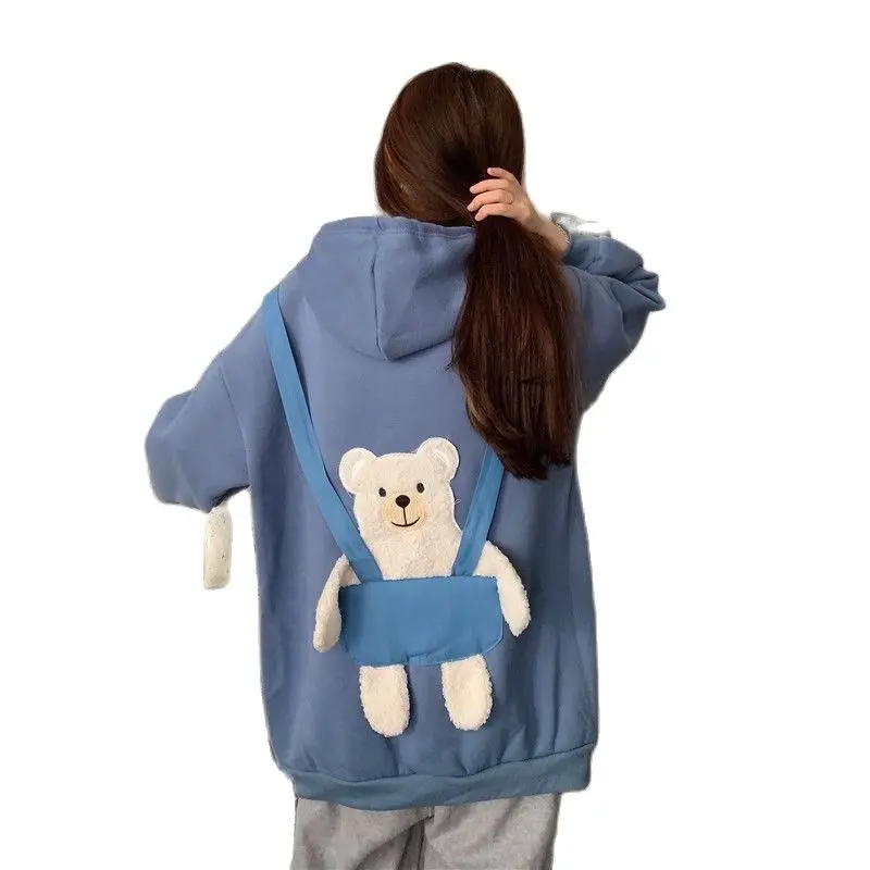 

Hoodie Women Plus Velvet Thick Pocket Tops 2020 Winter Korean Sweet Behind Bear Loose Sweatshirt Schoolgirl Y2K Streetwear