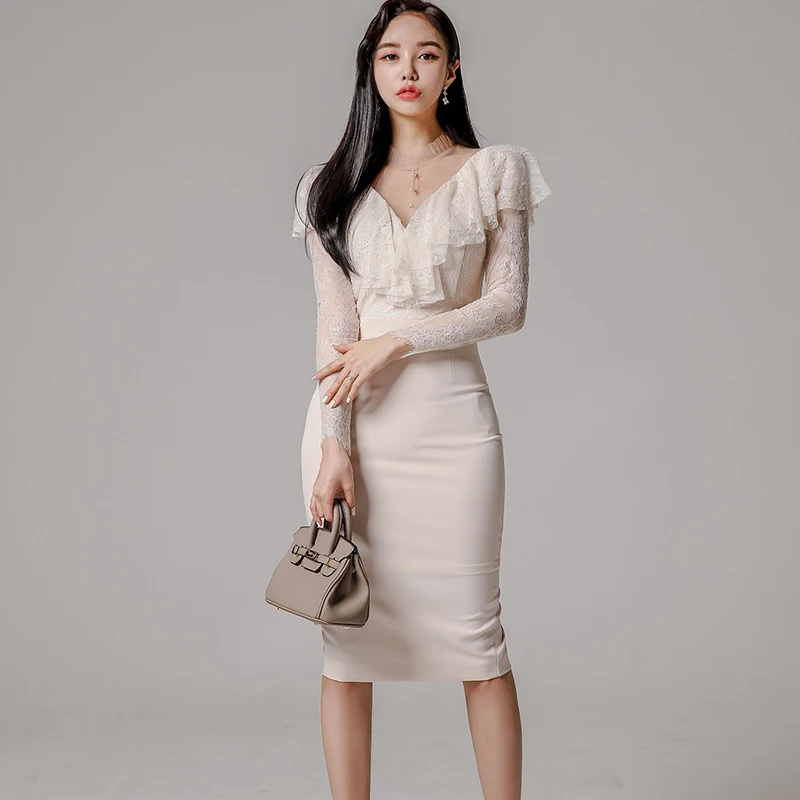 

Spring Autumn Korean Dress for Women High Waist Lace Ruffles Patchwork Midi Sheath Bodycon Dresses Sexy Vestido De Mujer T7632