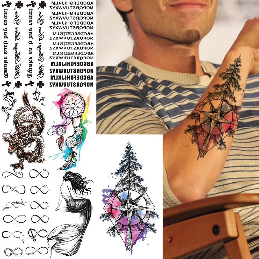 

Pine Dragon Fake Temporary Tattoo For Kids Women Black Letters Mermaid Tattoos Sticker Hand Arm Word Endless Compass Tatoo Paper