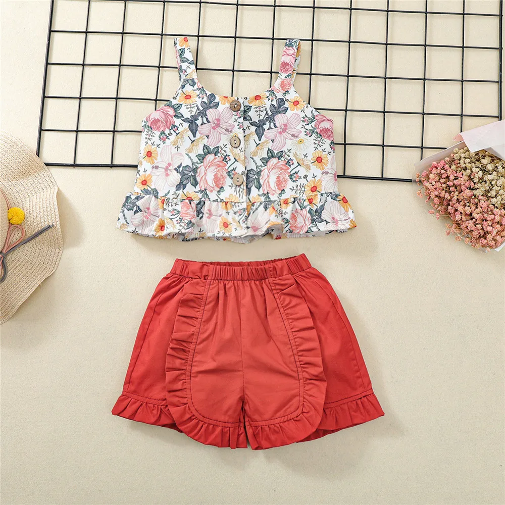 

Toddler Baby Girls 2Pcs Summer Children's Sets Floral Print Sleeveless Button Down Tank Tops + Elastic Waist Solid Color Shorts