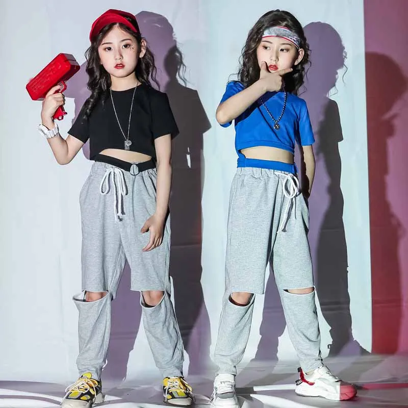 

Girls Short Sleeve Crop Top Ripped Jeans Jazz Dance Costumes for Kids Cool Hip Hop Dance Wear Street Dance Dancewear XS1372