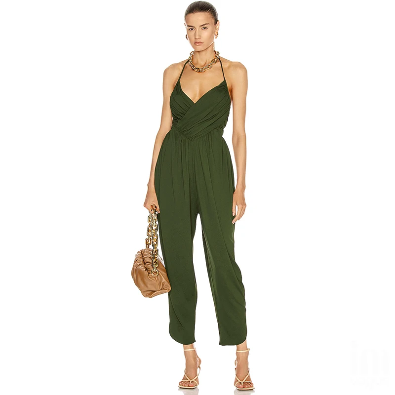 Sexy V Neck Solid Lace Up Jumpsuits Women Summer 2021 Vintage Casual Sleeveless Bandage Overalls Femme Rompers Streetwear BD2068